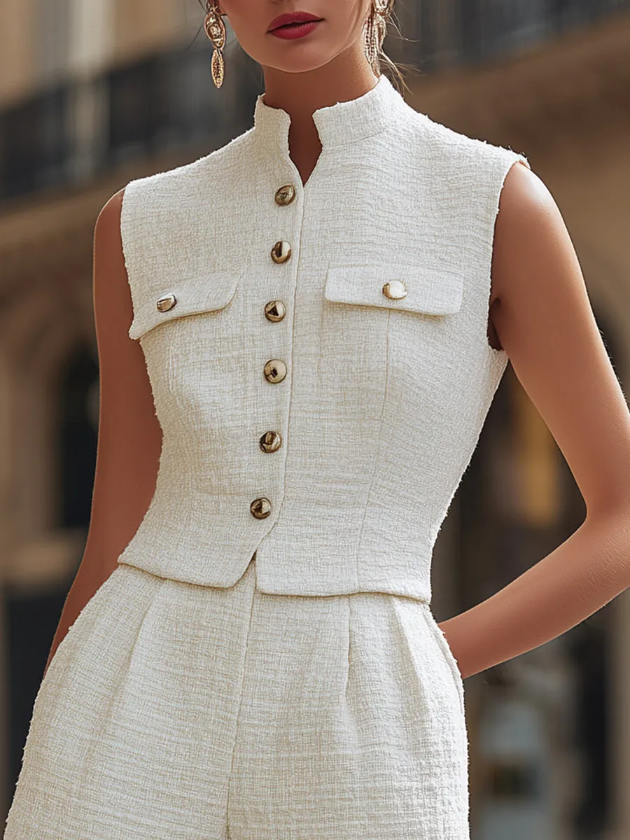 Elegant Tweed Stand Collar Gold Button Vest & High-Waisted Shorts Two-Piece Set sold by Mooyius product image thumbnail 3