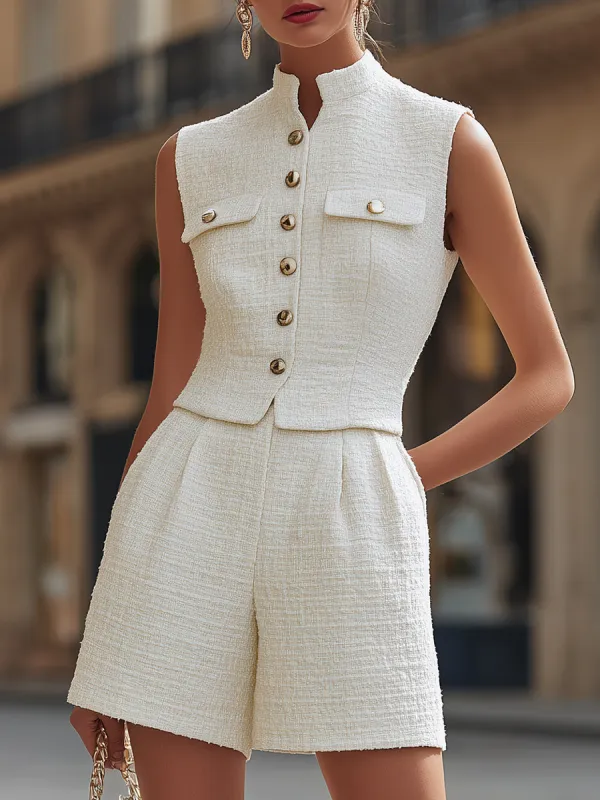 Elegant Tweed Stand Collar Gold Button Vest & High-Waisted Shorts Two-Piece Set made by Mooyius