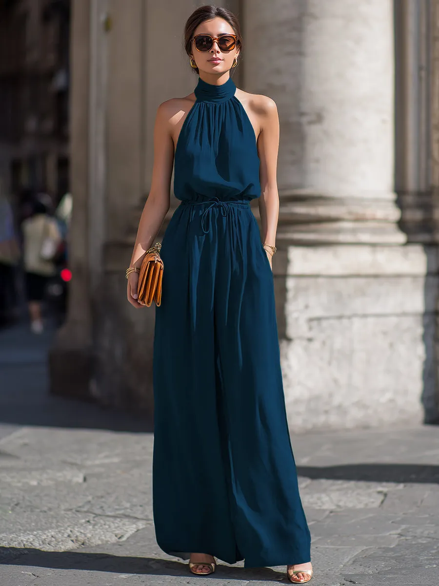Halter-Neck Pleated Front-Knot Flowy Jumpsuit sold by Mooyius product image thumbnail 2