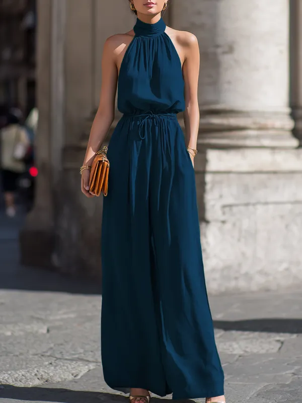 Halter-Neck Pleated Front-Knot Flowy Jumpsuit made by Mooyius