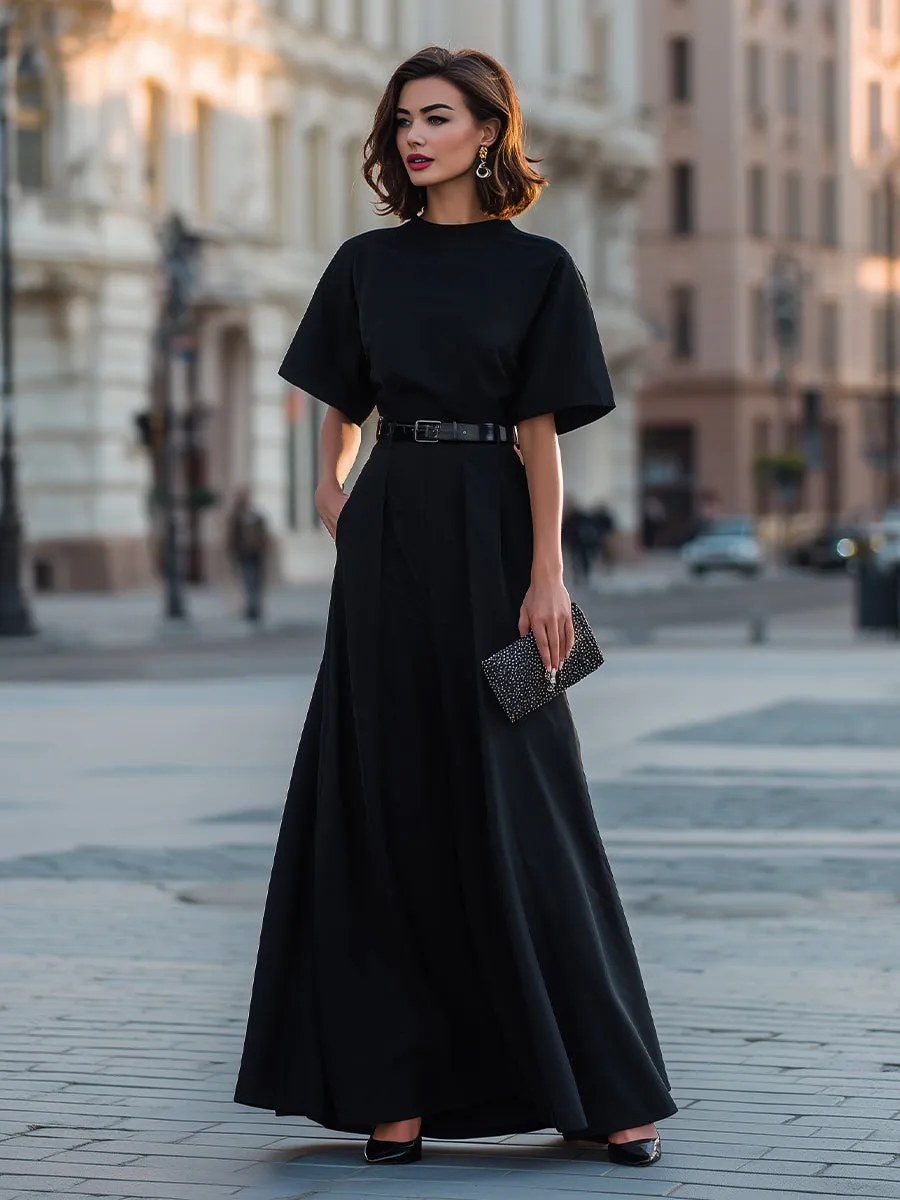 Round Neck Short Sleeve Belted A-Line Maxi Dress sold by Mooyius product image thumbnail 2
