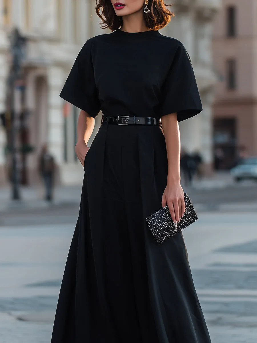 Round Neck Short Sleeve Belted A-Line Maxi Dress sold by Mooyius product image thumbnail 3