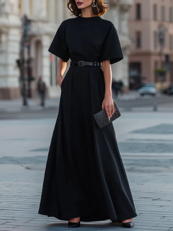 Round Neck Short Sleeve Belted A-Line Maxi Dress made by Mooyius