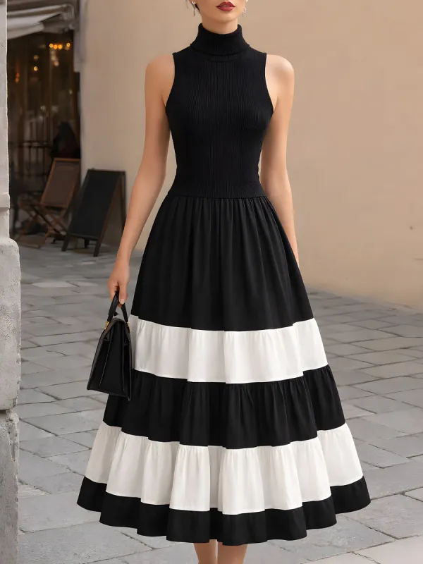 High-Neck Ribbed Knit Contrast Tiered Maxi Dress made by Mooyius
