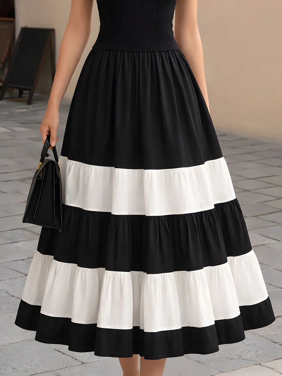 High-Neck Ribbed Knit Contrast Tiered Maxi Dress sold by Mooyius product image thumbnail 3