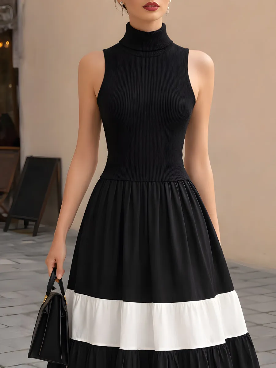 High-Neck Ribbed Knit Contrast Tiered Maxi Dress sold by Mooyius product image thumbnail 2