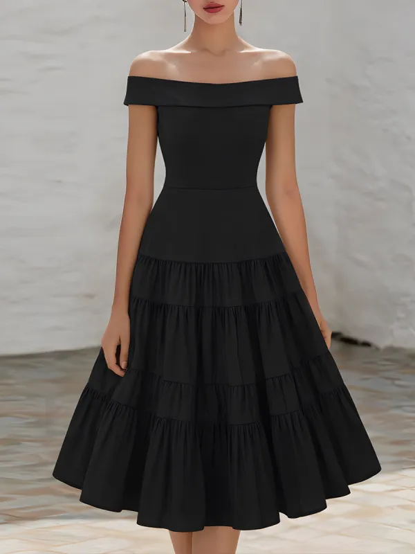 Off-Shoulder Tiered Ruffle A-Line Midi Dress made by Mooyius