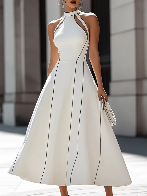 Halter Neck Cutout Panel A-Line Midi Dress made by Mooyius