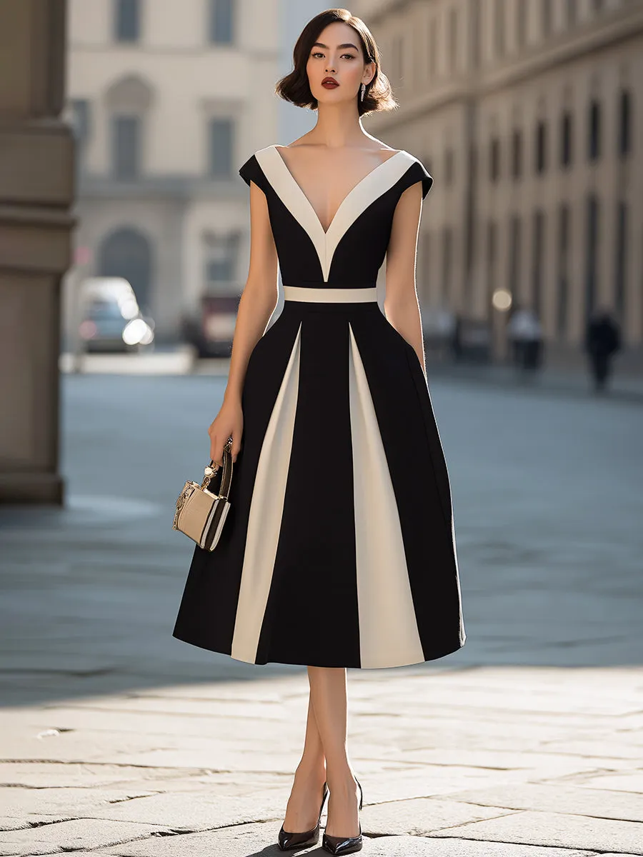 Contrast Panel V-Neck A-Line Midi Dress sold by Mooyius product image thumbnail 2