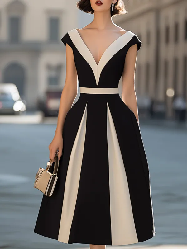 Contrast Panel V-Neck A-Line Midi Dress made by Mooyius