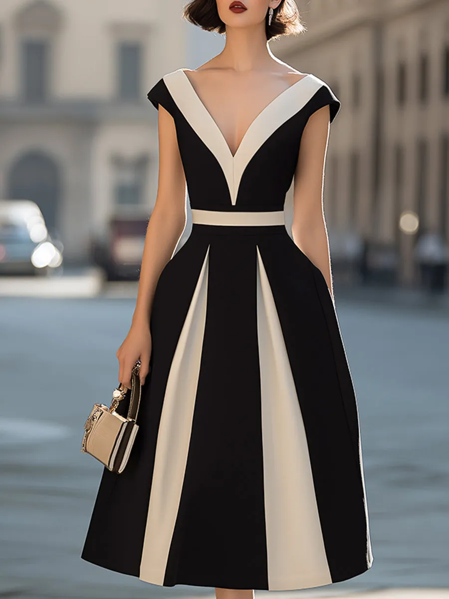 Contrast Panel V-Neck A-Line Midi Dress sold by Mooyius
