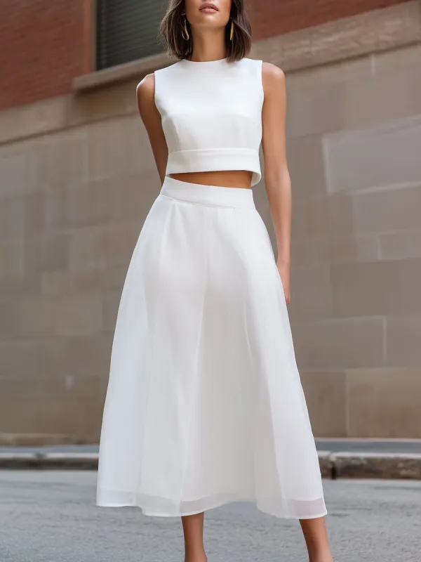 Sleeveless Cropped Top & Flowing Midi Skirt Two-Piece Set made by Mooyius