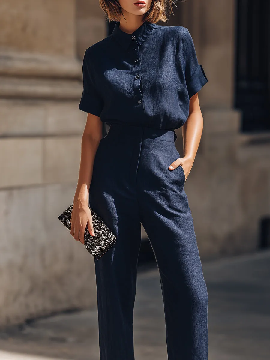 Short Sleeve Button-Up Blouse And Tailored Straight-Leg Trousers Set sold by Mooyius product image thumbnail 3