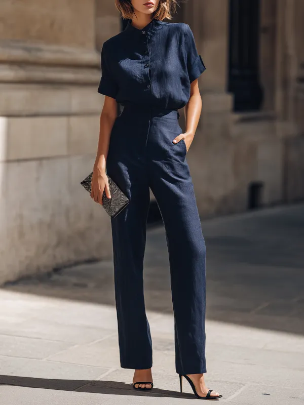 Short Sleeve Button-Up Blouse And Tailored Straight-Leg Trousers Set made by Mooyius
