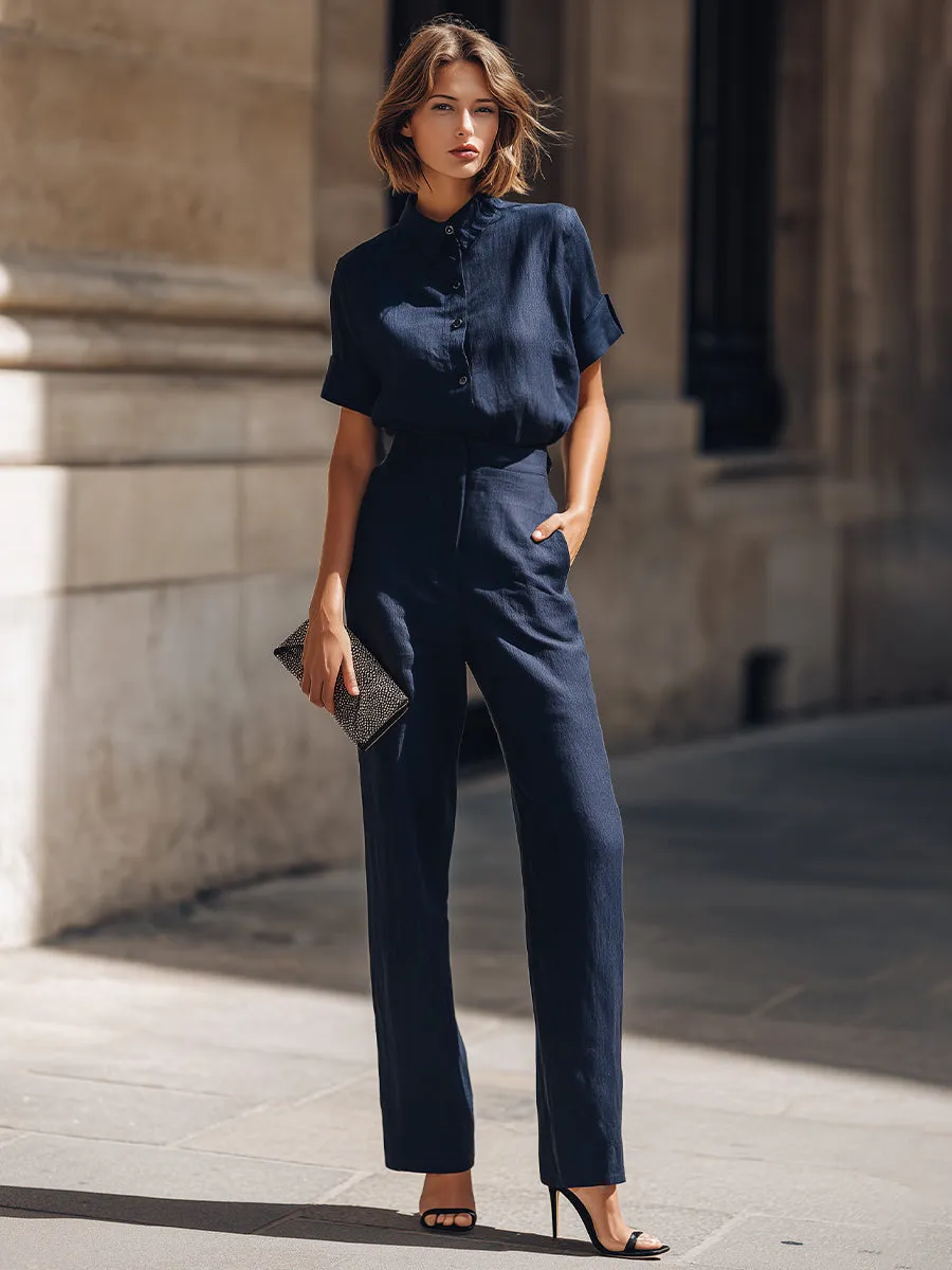 Short Sleeve Button-Up Blouse And Tailored Straight-Leg Trousers Set sold by Mooyius product image thumbnail 2