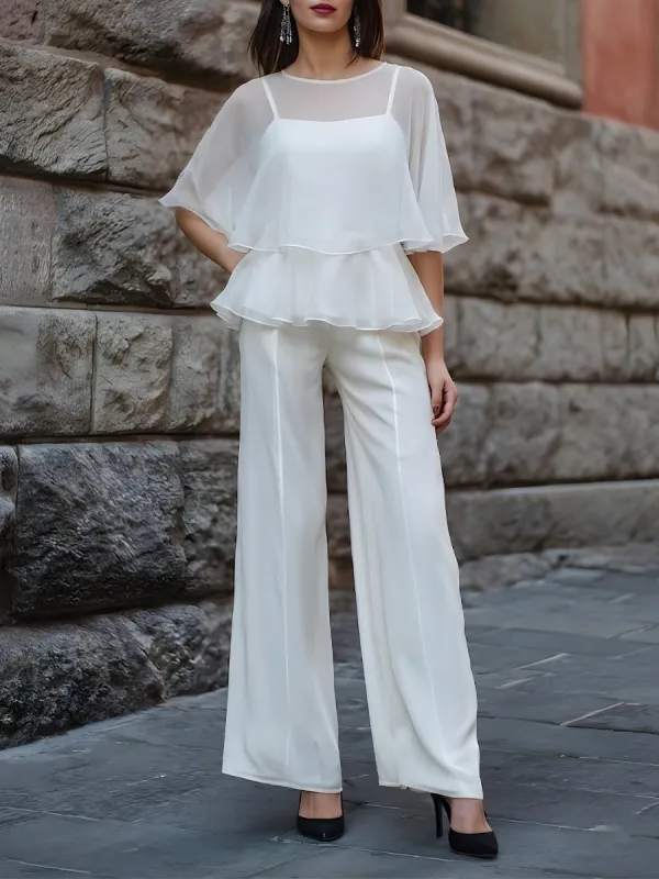 Sheer Layered Peplum Blouse & Wide-Leg Tailored Pants Set made by Mooyius