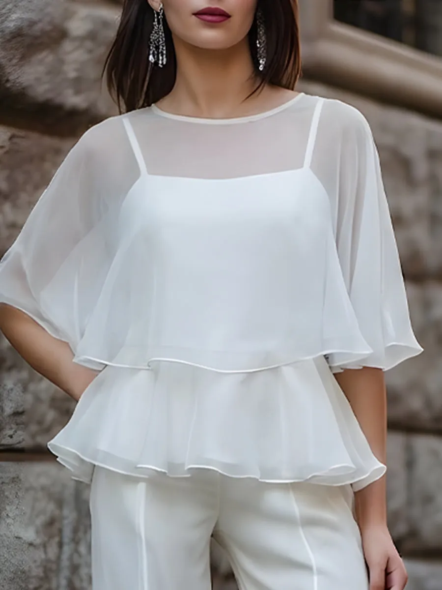 Sheer Layered Peplum Blouse & Wide-Leg Tailored Pants Set sold by Mooyius product image thumbnail 2