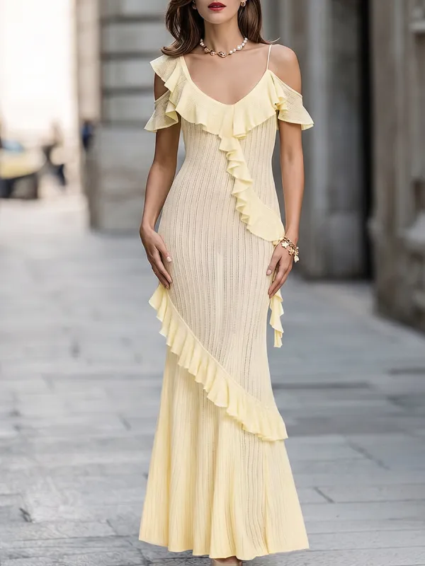 Ruffled Cold-Shoulder Knit Bodycon Midi Dress made by Mooyius