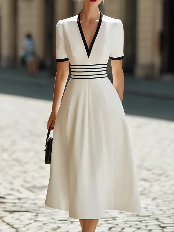 Deep V-Neck Black Trim Short-Sleeve A-Line Midi Dress made by Something Navy
