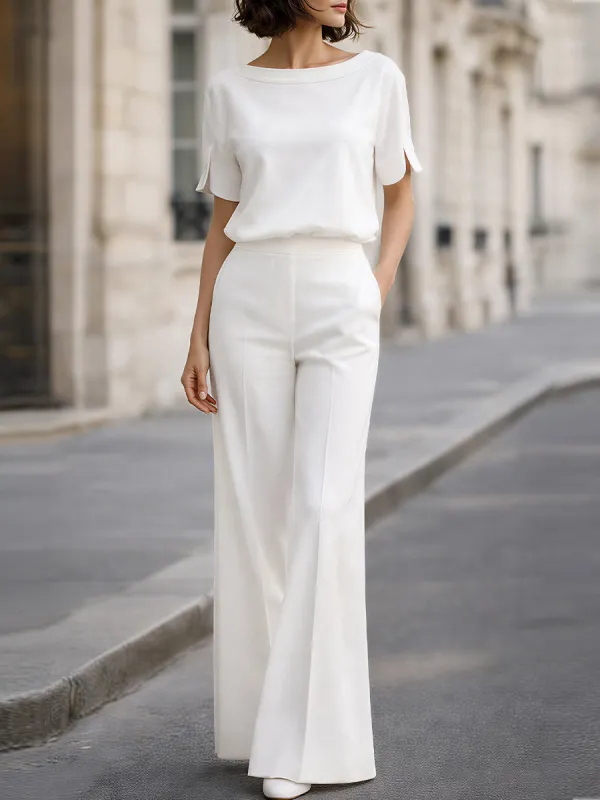 Boat Neck Split-Sleeve Blouse & High-Waisted Wide-Leg Pants made by Something Navy