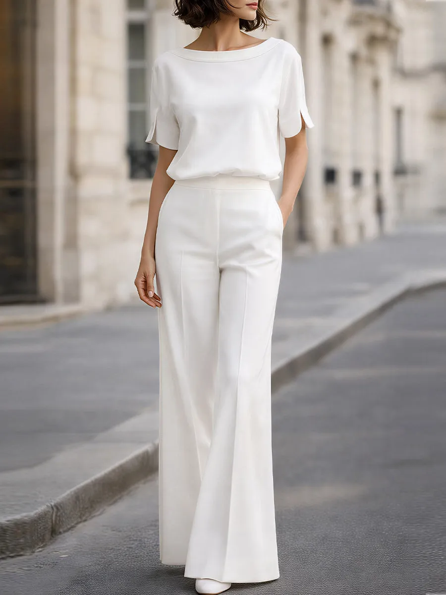 Boat Neck Split-Sleeve Blouse & High-Waisted Wide-Leg Pants sold by Mooyius