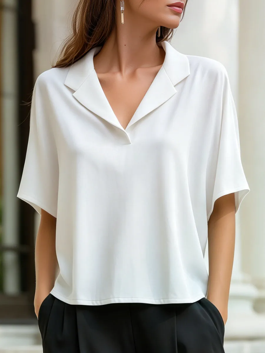 Relaxed Lapel Collar Short Sleeve Blouse sold by Mooyius