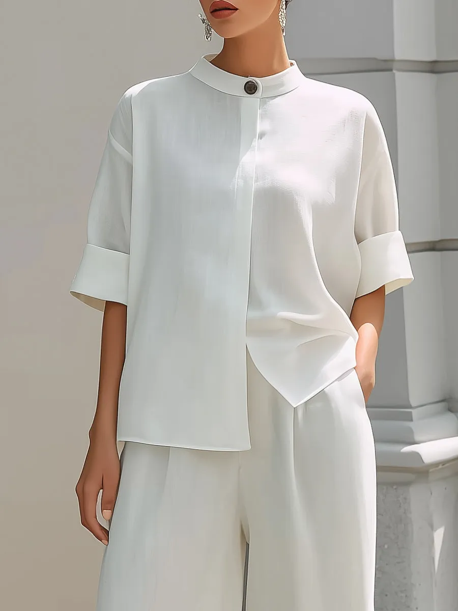 Minimalist Stand Collar Cotton Linen Top And Wide-Leg Pants Set sold by Mooyius product image thumbnail 2