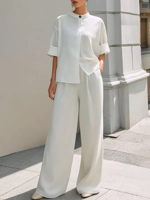 Minimalist Stand Collar Cotton Linen Top And Wide-Leg Pants Set made by Mooyius