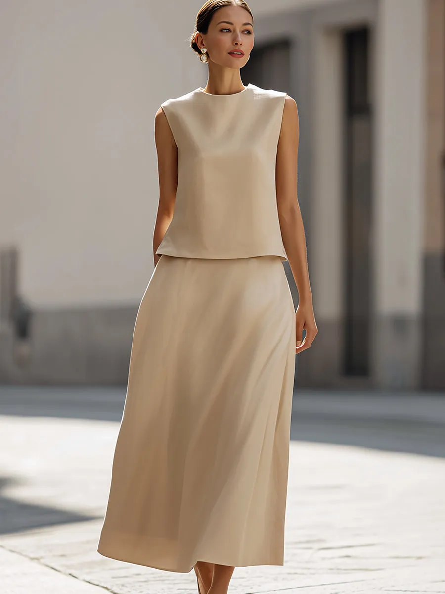 Linen-Blend Sleeveless Top & Midi Skirt Two-Piece Set sold by Mooyius product image thumbnail 2