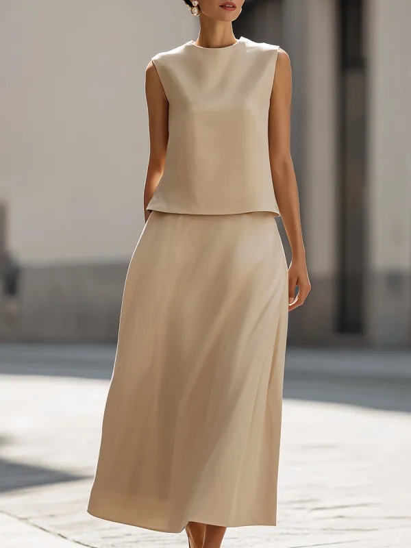 Linen-Blend Sleeveless Top & Midi Skirt Two-Piece Set made by Mooyius