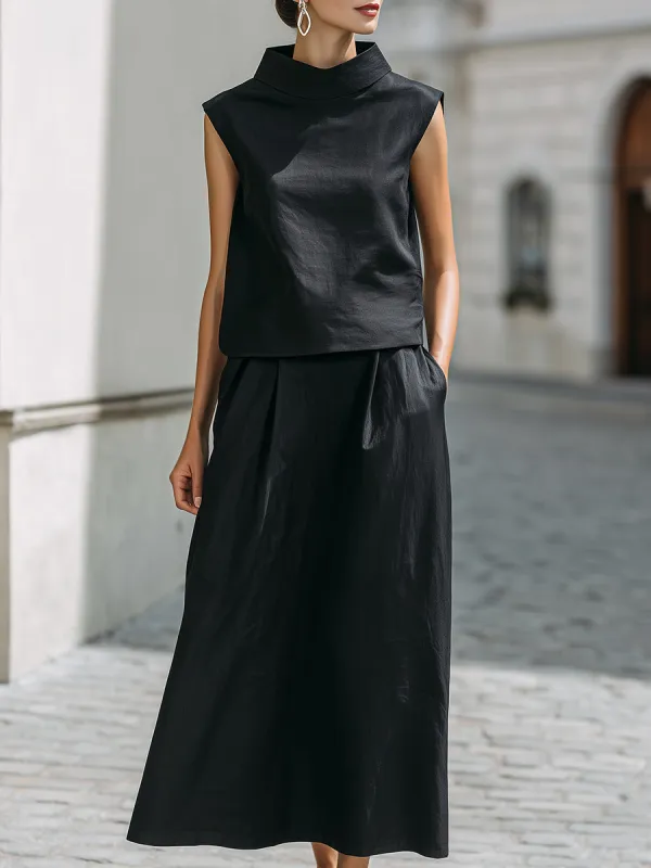 Linen-Blend High Neck Sleeveless Top & Maxi Skirt Two-Piece Set made by Mooyius