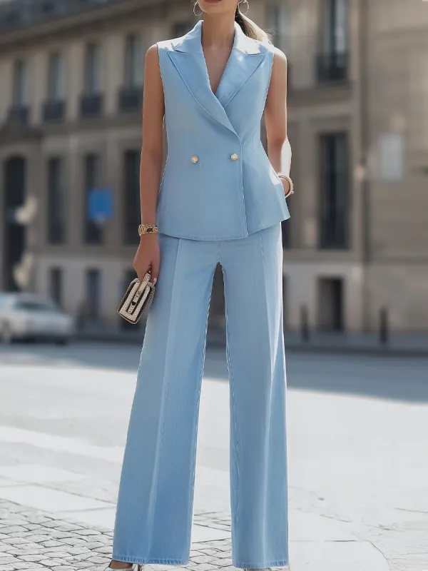 Sleeveless Double-Breasted Blazer Vest & High-Waisted Wide-Leg Pants Two-Piece Suit made by Something Navy