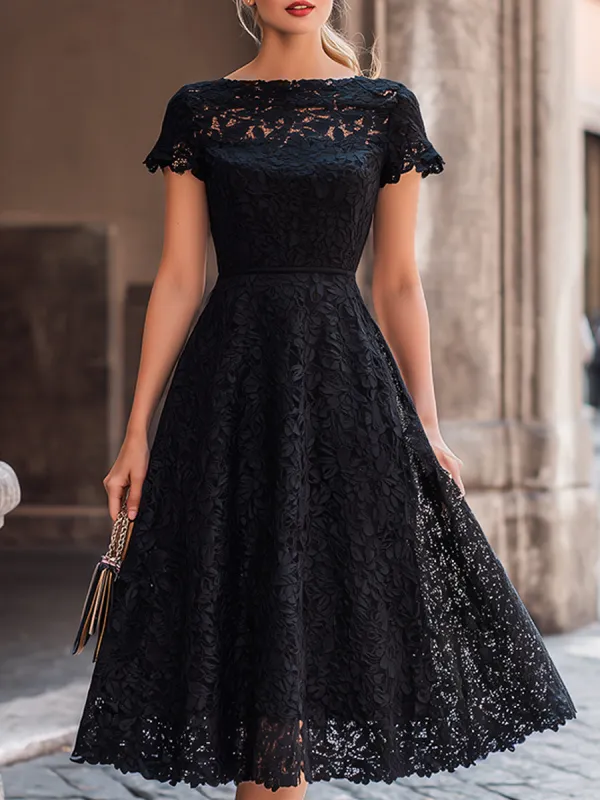 Elegant Floral Lace Boat Neck A-Line Midi Dress made by Mooyius