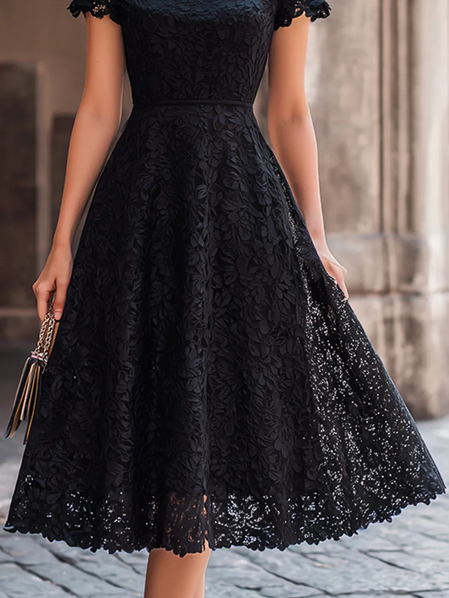 Elegant Floral Lace Boat Neck A-Line Midi Dress sold by Mooyius product image thumbnail 4