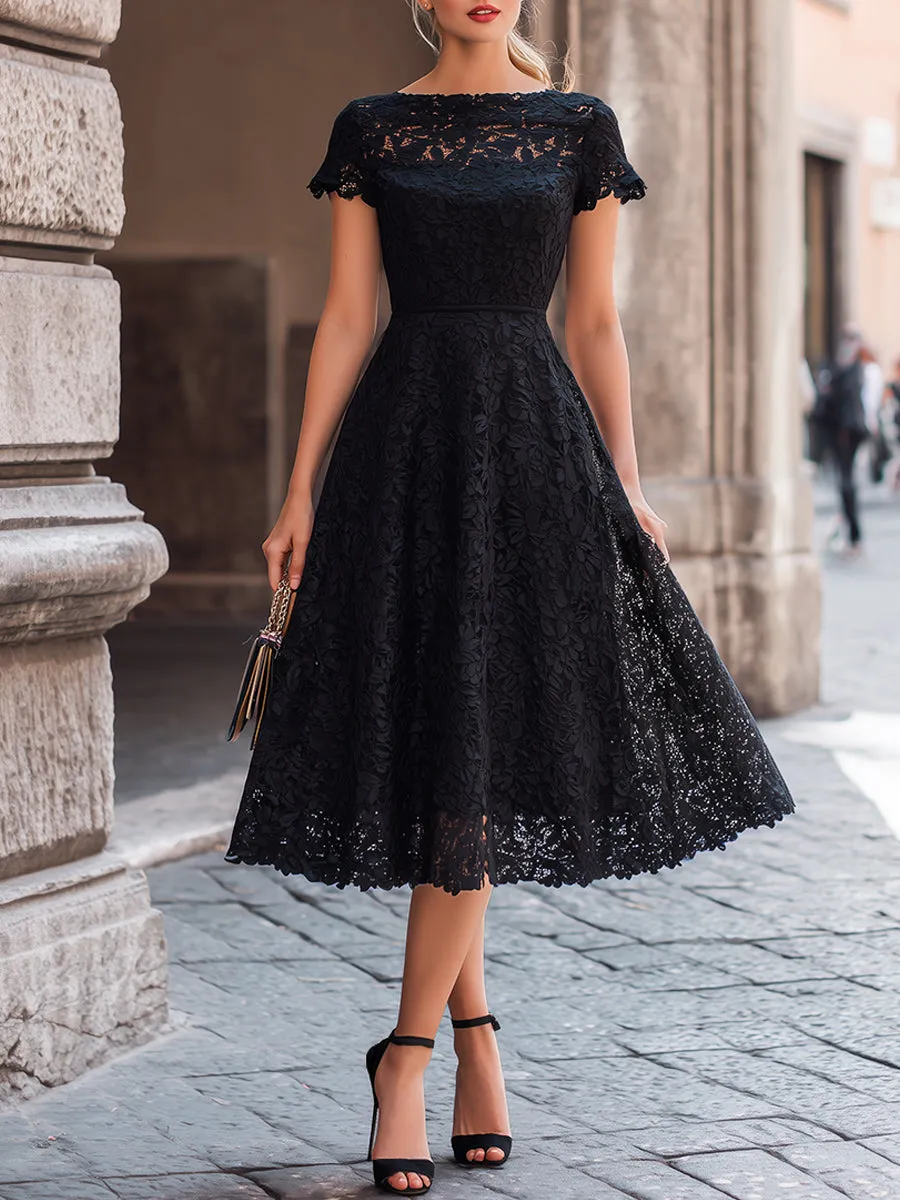 Elegant Floral Lace Boat Neck A-Line Midi Dress sold by Mooyius product image thumbnail 2