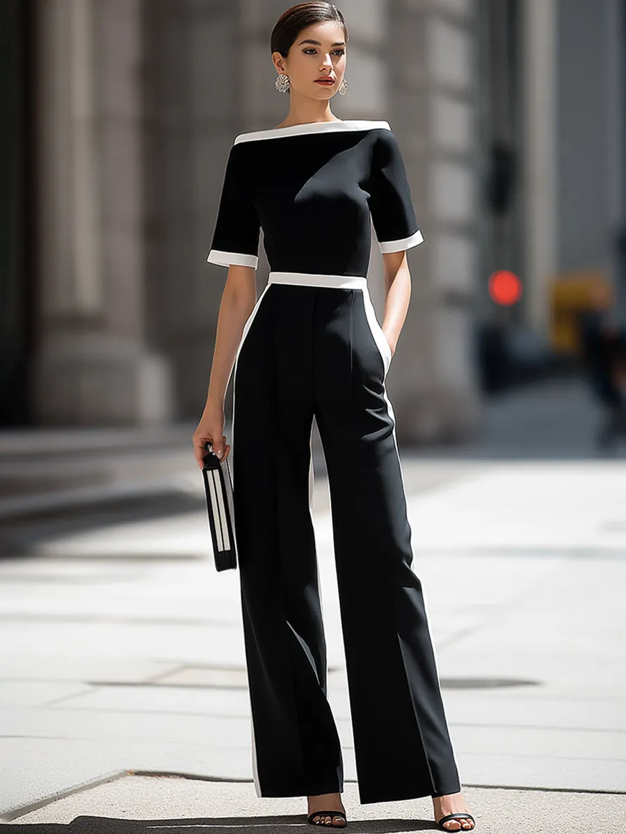 Off-Shoulder Contrast Trim Tailored Wide-Leg Jumpsuit sold by Mooyius product image thumbnail 2