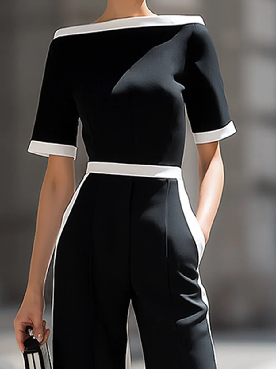 Off-Shoulder Contrast Trim Tailored Wide-Leg Jumpsuit sold by Mooyius product image thumbnail 3