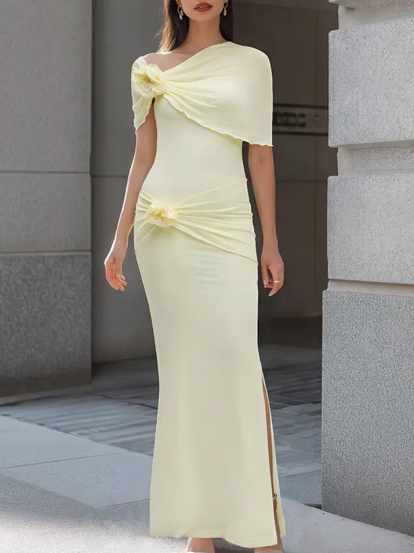 One-Shoulder Floral Draped Bodycon Maxi Dress made by Mooyius