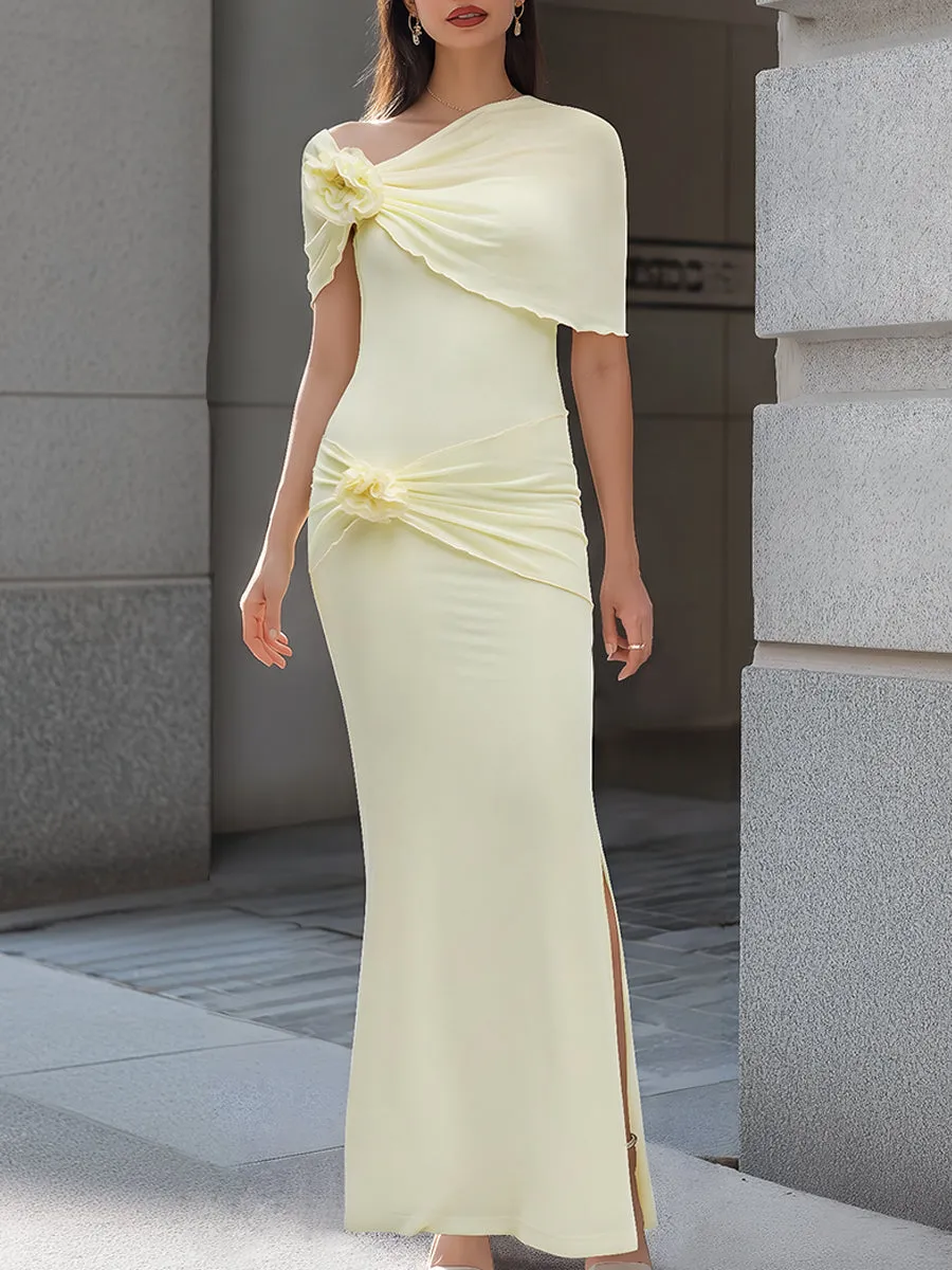 One-Shoulder Floral Draped Bodycon Maxi Dress sold by Mooyius