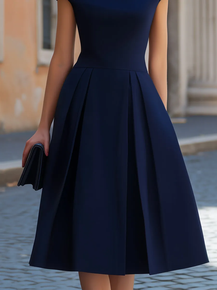 Navy Blue High Neck Cap Sleeve Inverted Pleat A-Line Midi Dress sold by Mooyius product image thumbnail 3
