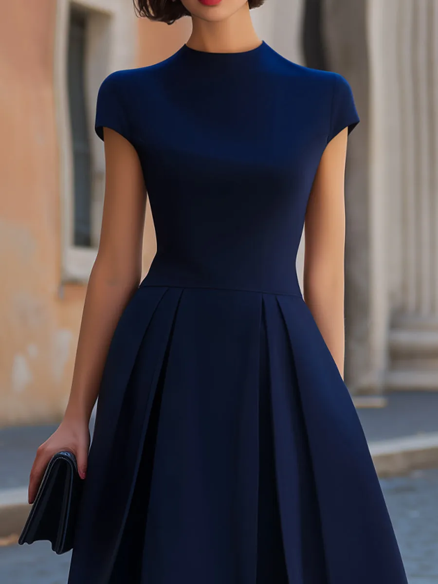 Navy Blue High Neck Cap Sleeve Inverted Pleat A-Line Midi Dress sold by Mooyius product image thumbnail 2