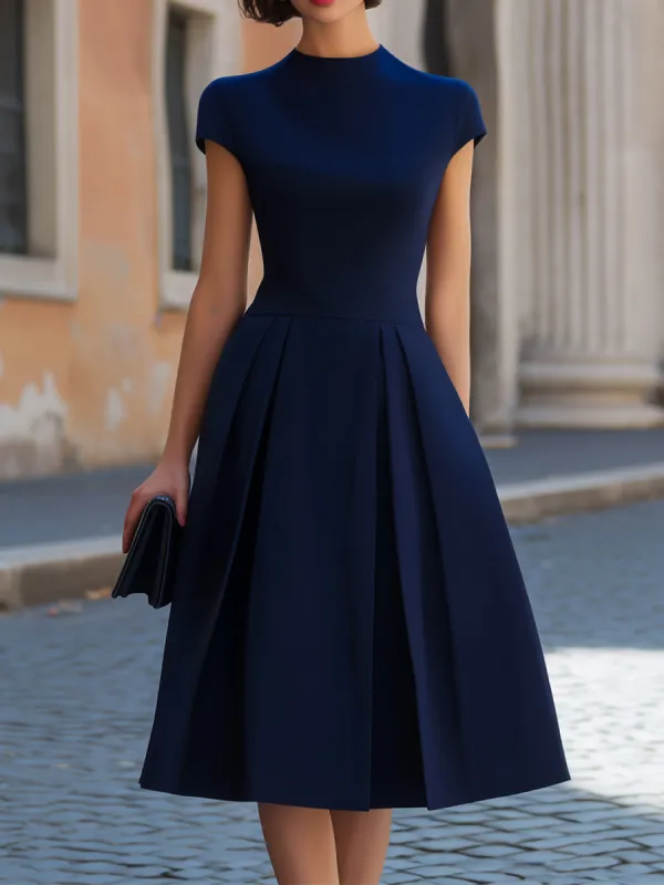 Navy Blue High Neck Cap Sleeve Inverted Pleat A-Line Midi Dress made by Something Navy