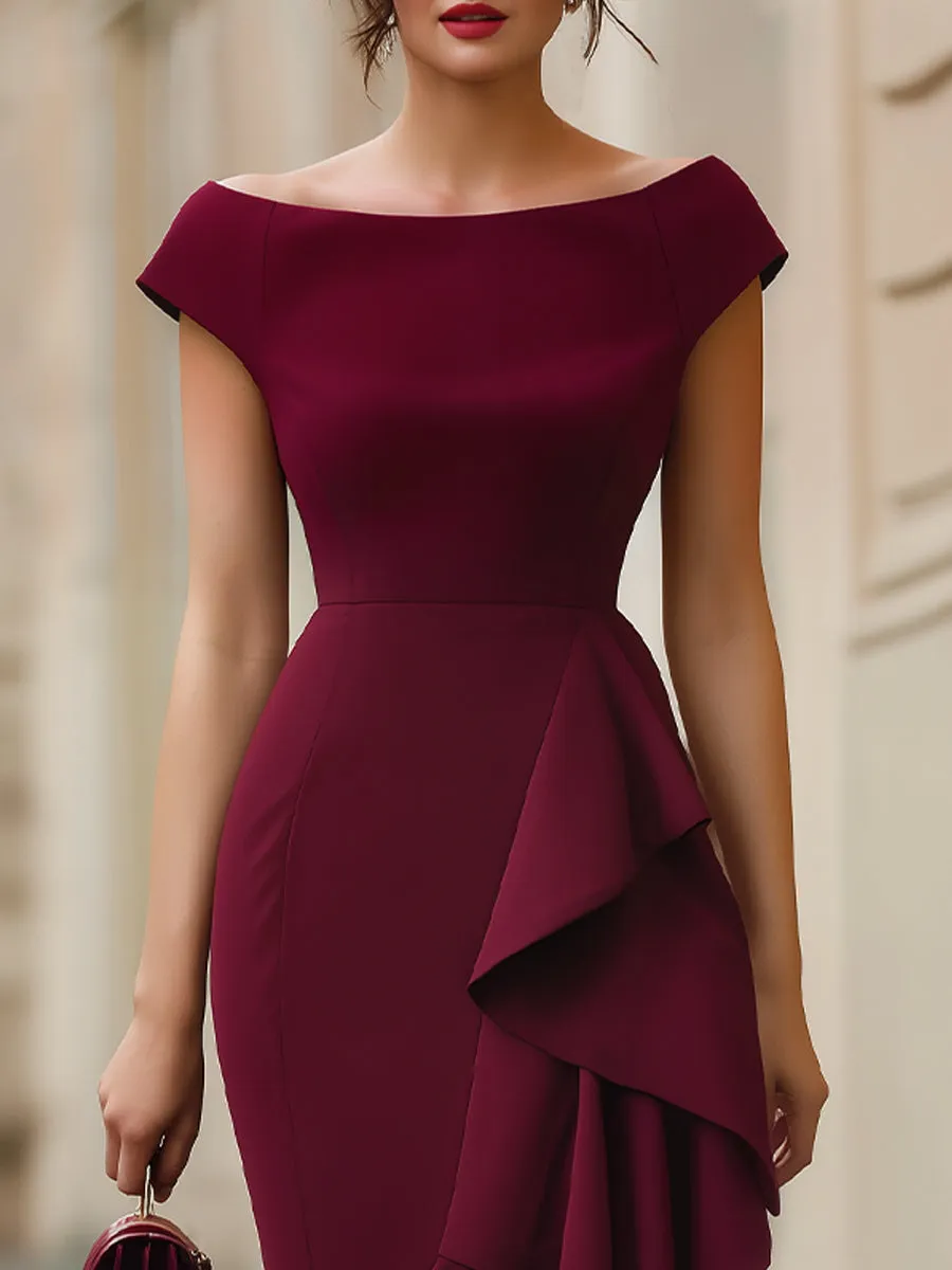 Burgundy Off-the-Shoulder Asymmetric Ruffle Bodycon Midi Dress sold by Mooyius product image thumbnail 2