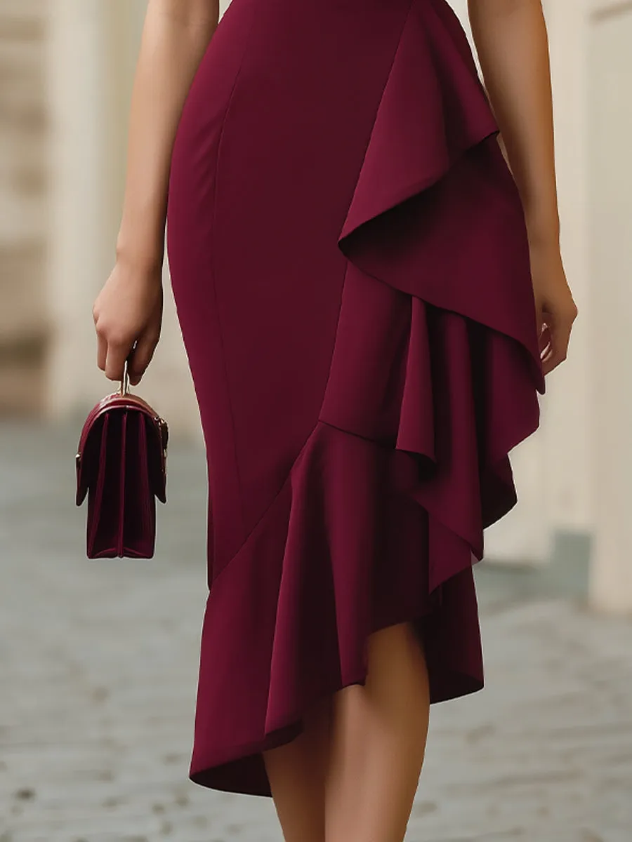 Burgundy Off-the-Shoulder Asymmetric Ruffle Bodycon Midi Dress sold by Mooyius product image thumbnail 3