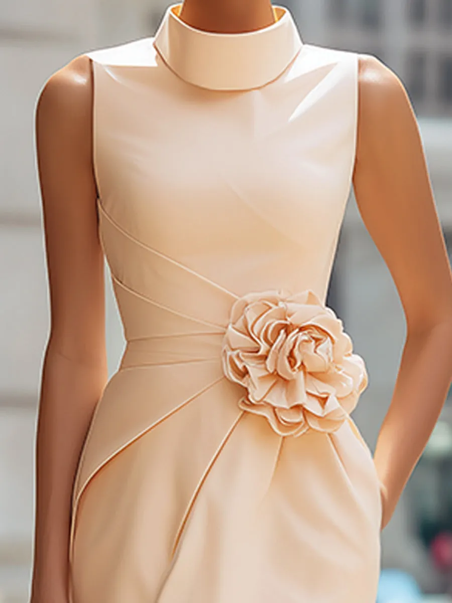 High-Neck Floral Waist Detail Sleeveless Draped Midi Dress sold by Mooyius product image thumbnail 2