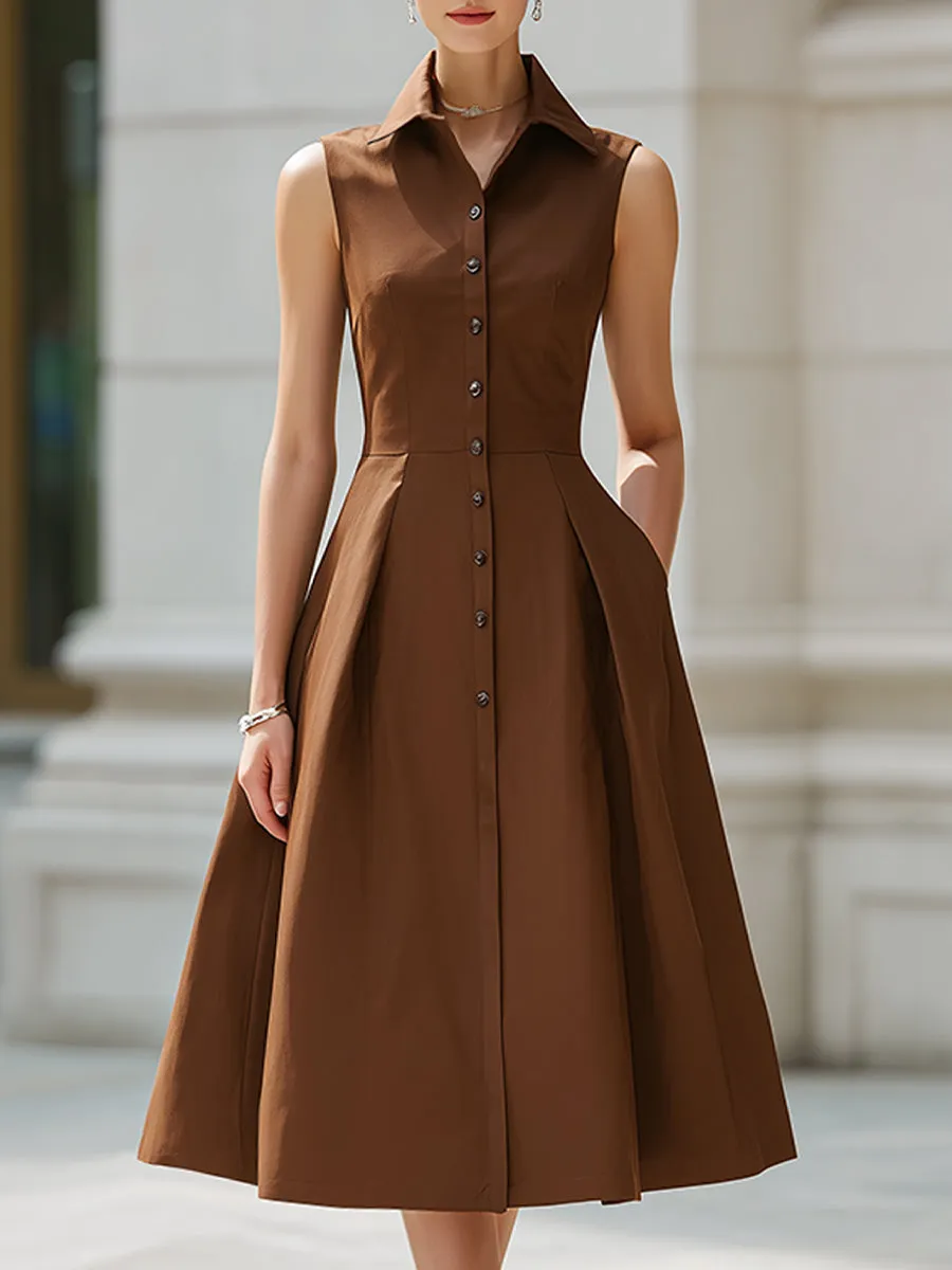 Sleeveless Button-Front Collared A-Line Midi Shirt Dress sold by Mooyius