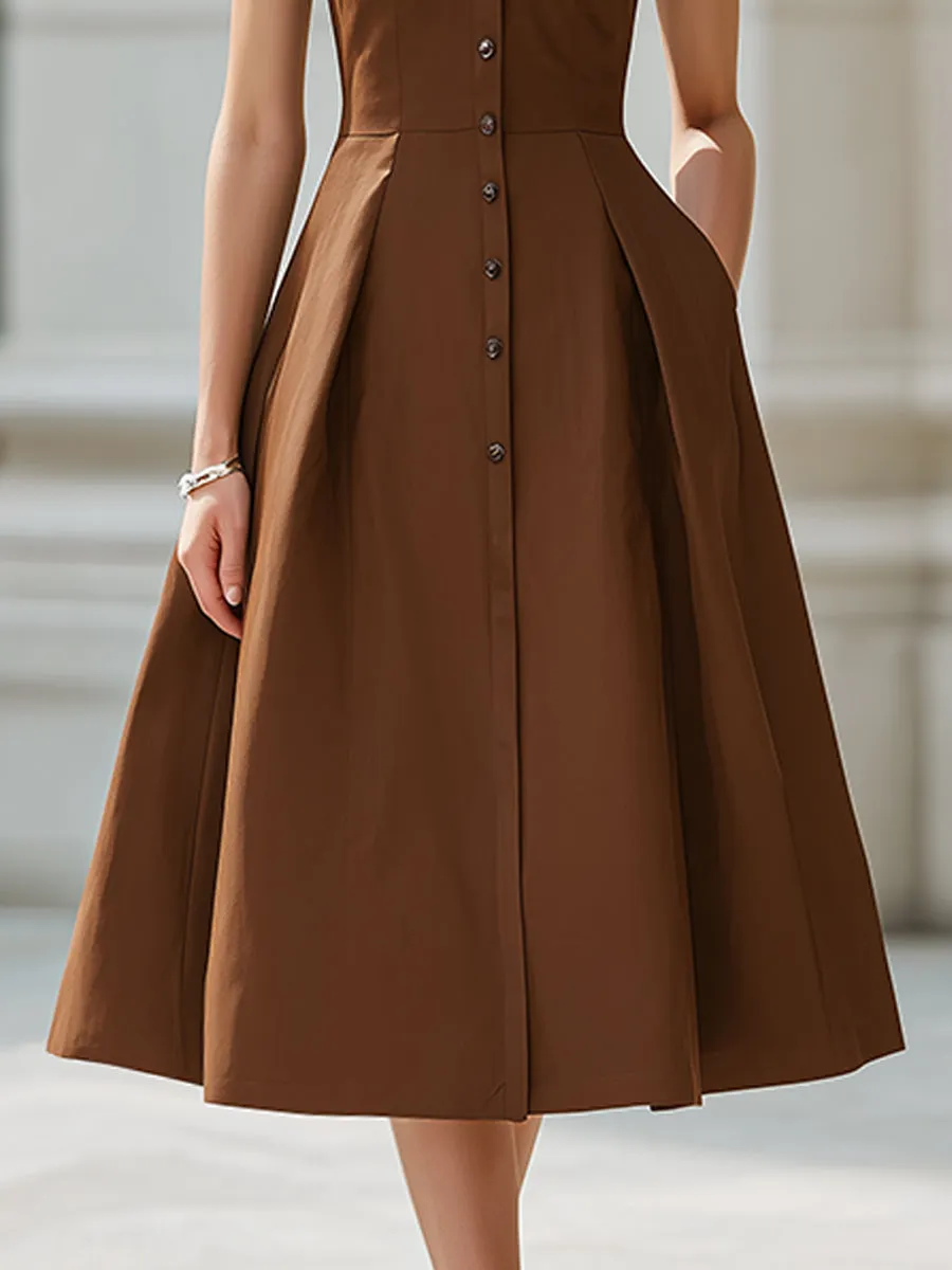 Sleeveless Button-Front Collared A-Line Midi Shirt Dress sold by Mooyius product image thumbnail 3