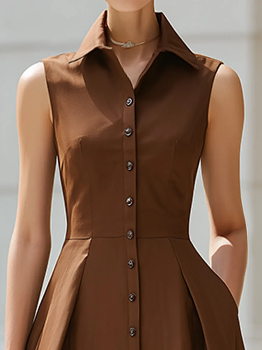 Sleeveless Button-Front Collared A-Line Midi Shirt Dress sold by Mooyius product image thumbnail 2