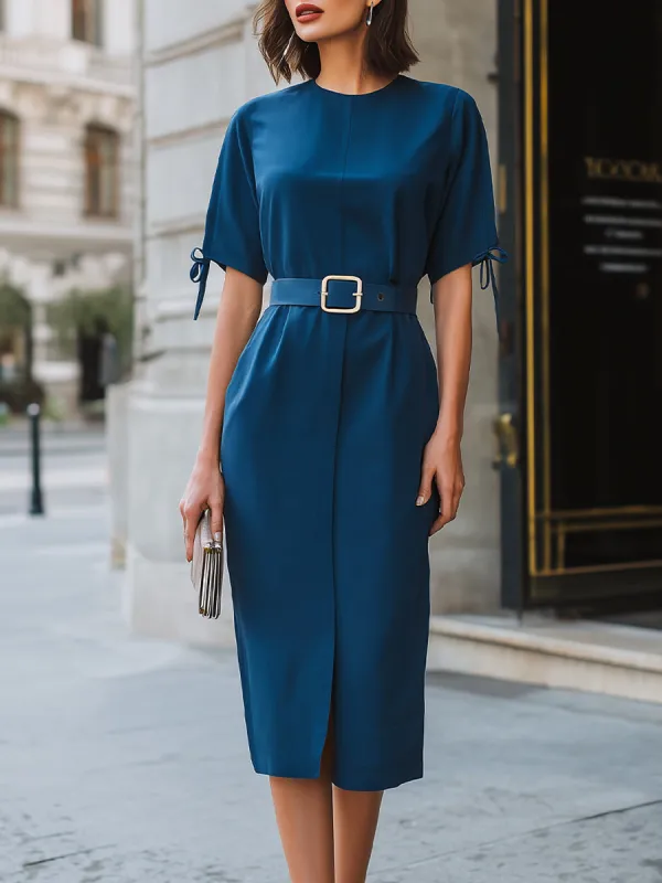 Structured Tie-Sleeve Belted Midi Dress made by Mooyius