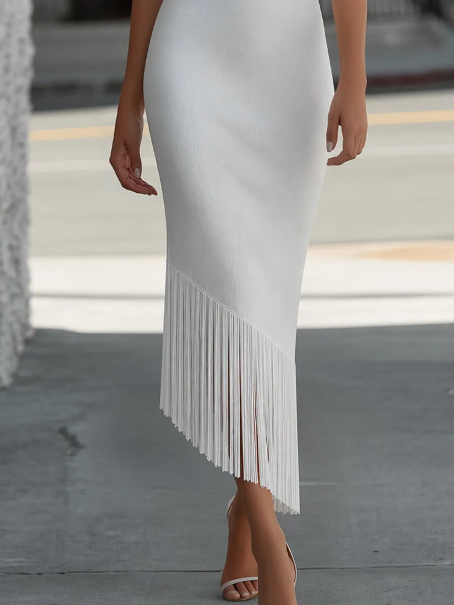Draped Cowl Neck Knit Maxi Dress With Fringe Hem sold by Mooyius product image thumbnail 3